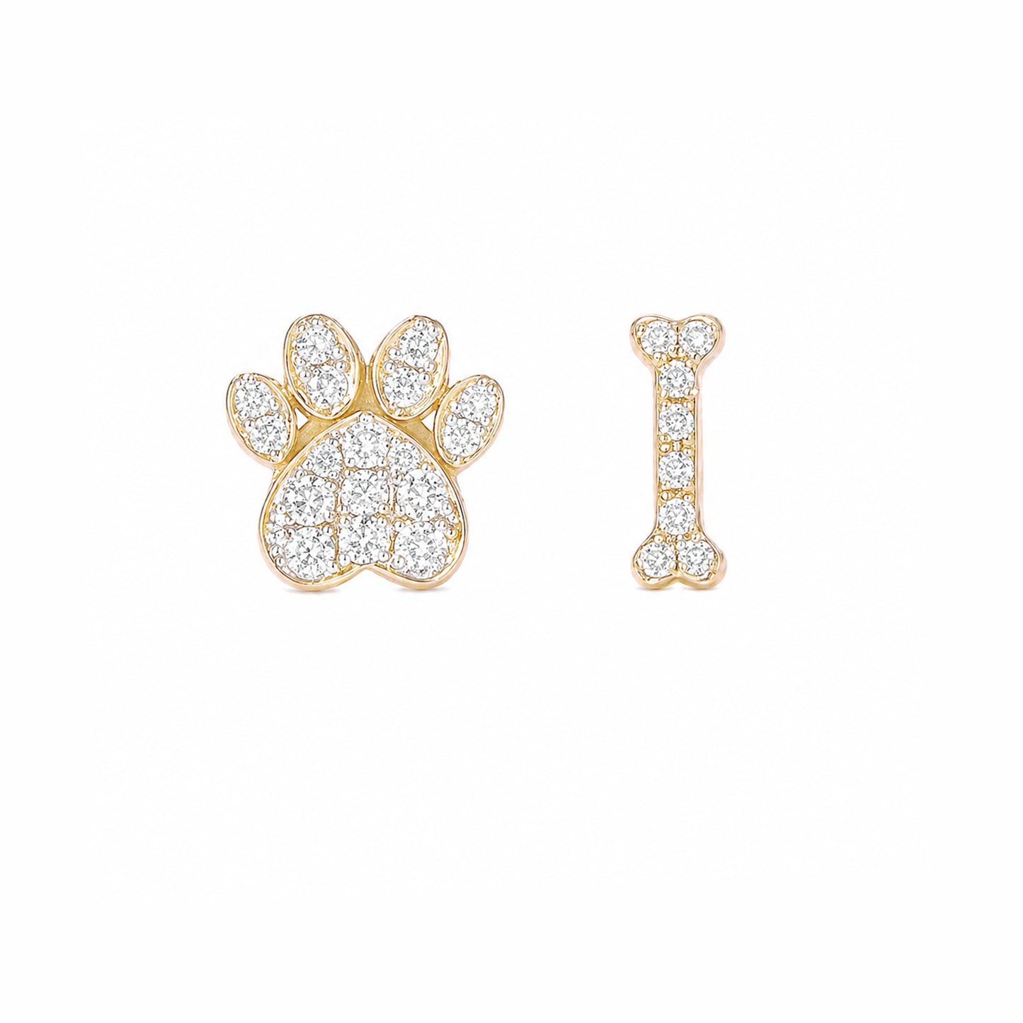 14K Gold Pavé Diamond Paw Print & Dog Bone Stud Earrings