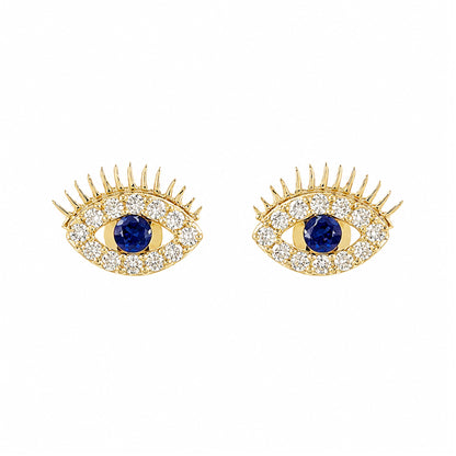 14K Gold Pavé Diamond & Sapphire Evil Eyelash Stud Earrings