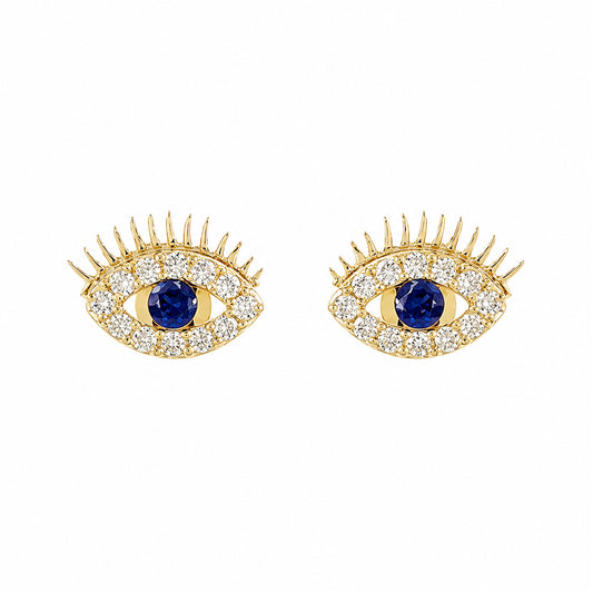 14K Gold Pavé Diamond & Sapphire Evil Eyelash Stud Earrings