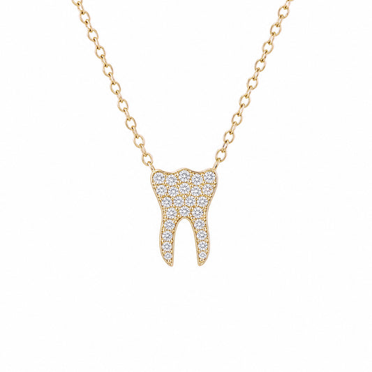14K Gold Diamond Tooth Pendant Necklace
