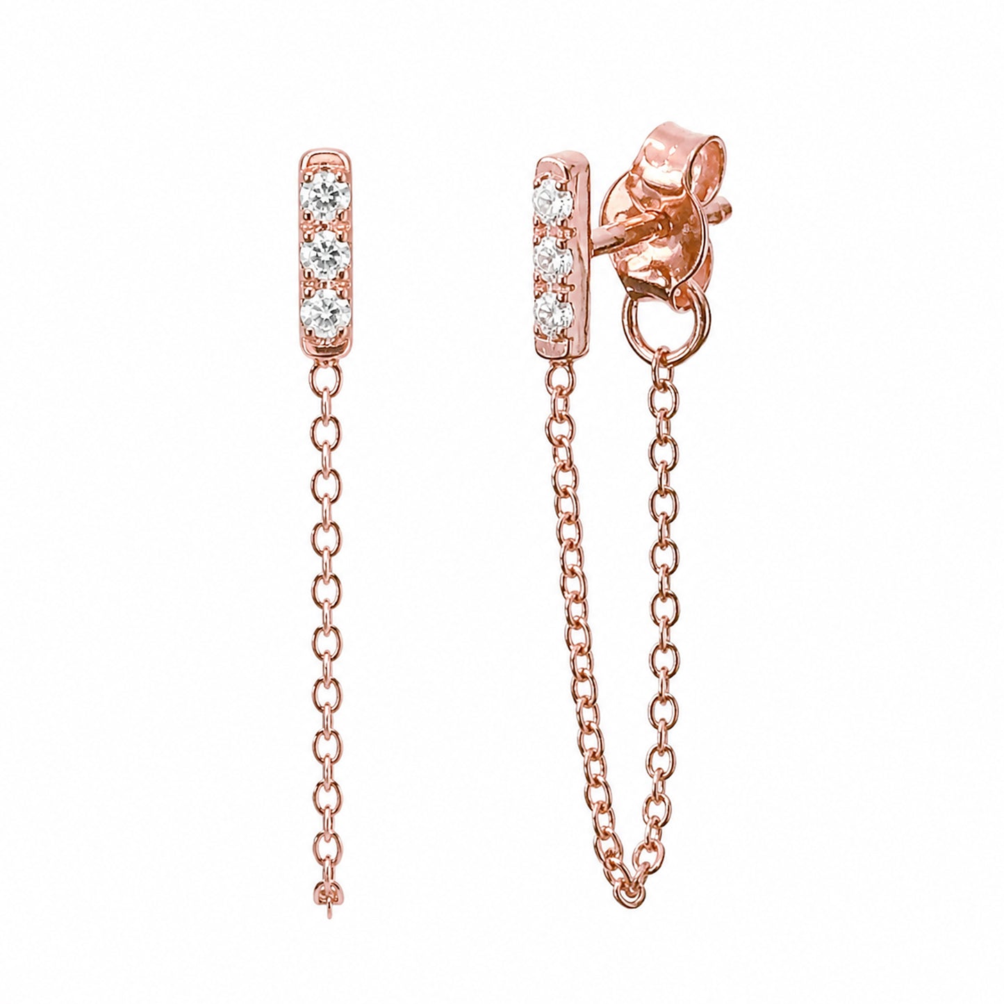14K Gold Pavé Diamond XS Bar Chain Dangle Stud Earrings