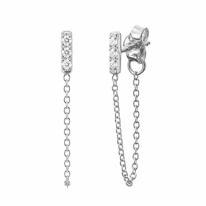 14K Gold Pavé Diamond XS Bar Chain Dangle Stud Earrings
