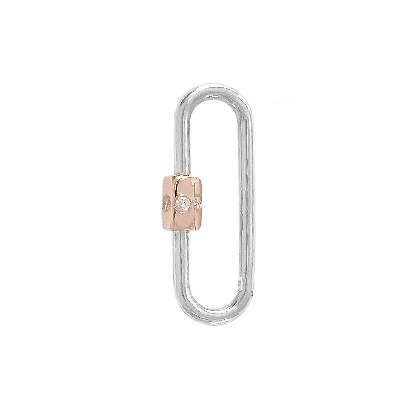 14K Gold Elongated Oval Carabiner Diamond Lock Charm Enhancer, Large Size