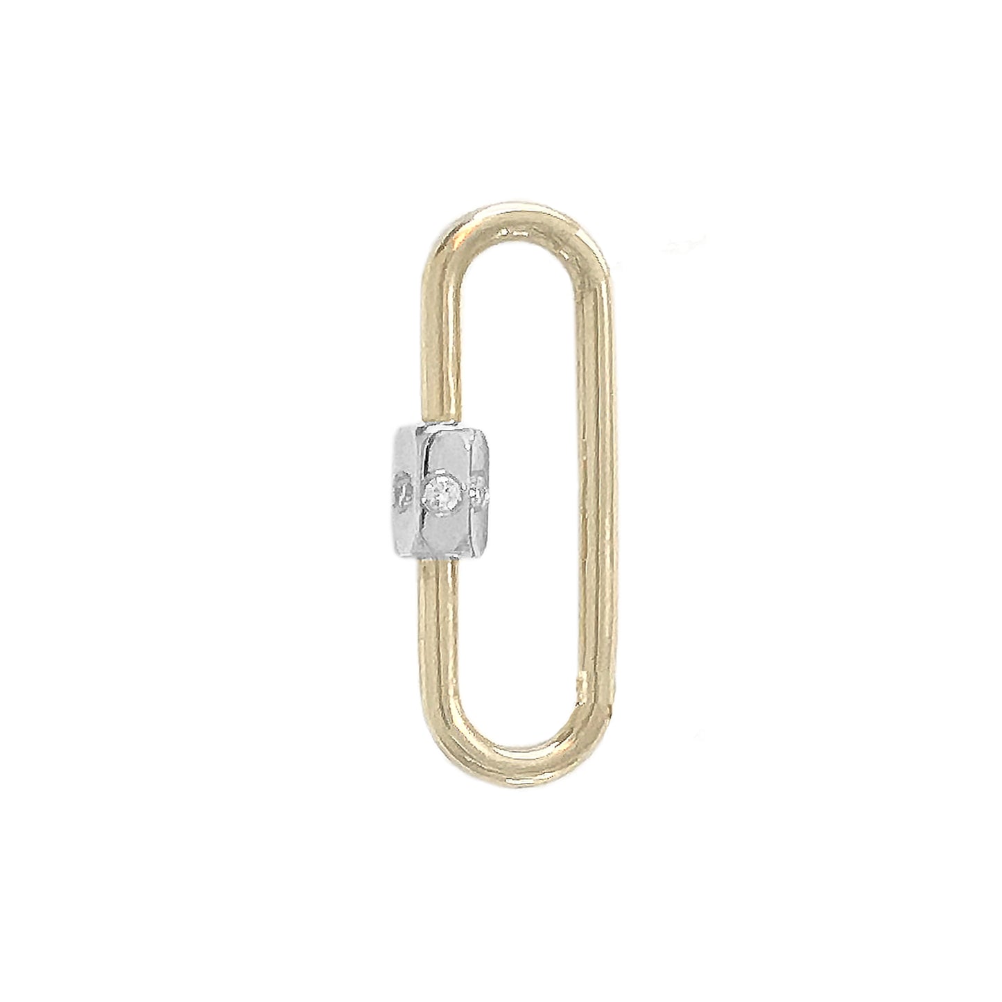 14K Gold Elongated Oval Carabiner Diamond Lock Charm Enhancer, Large Size