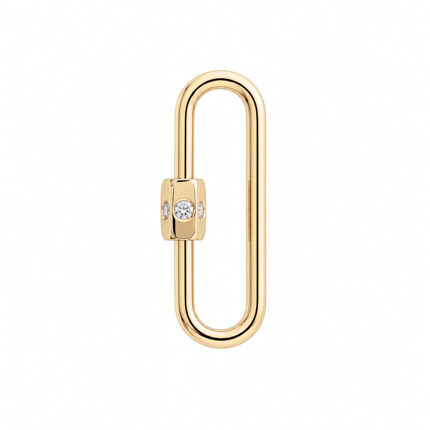 14K Gold Elongated Oval Carabiner Diamond Lock Charm Enhancer, Large Size
