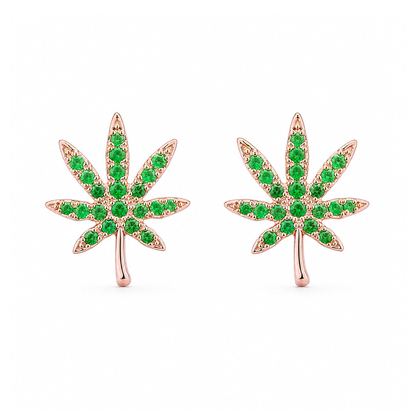 14K Gold Emerald Marijuana Leaf Stud Earrings, Medium Size