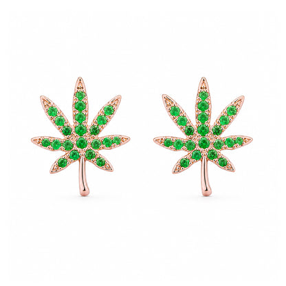 14K Gold Emerald Marijuana Leaf Stud Earrings, Medium Size
