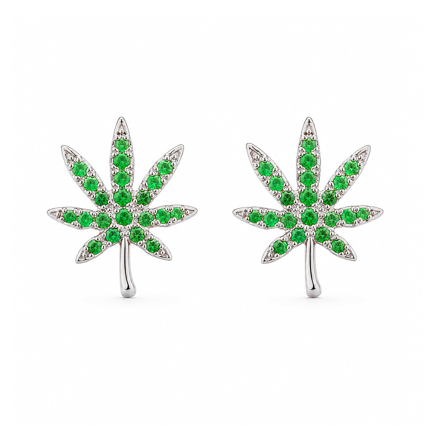 14K Gold Emerald Marijuana Leaf Stud Earrings, Medium Size