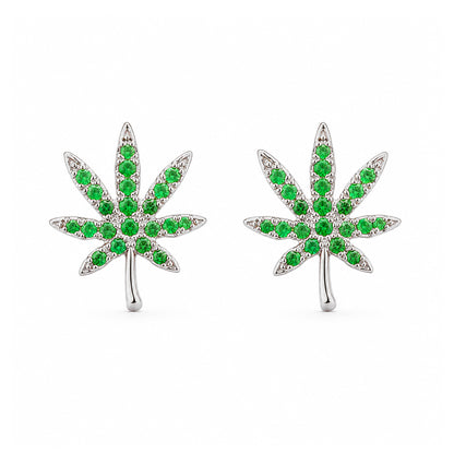 14K Gold Emerald Marijuana Leaf Stud Earrings, Medium Size