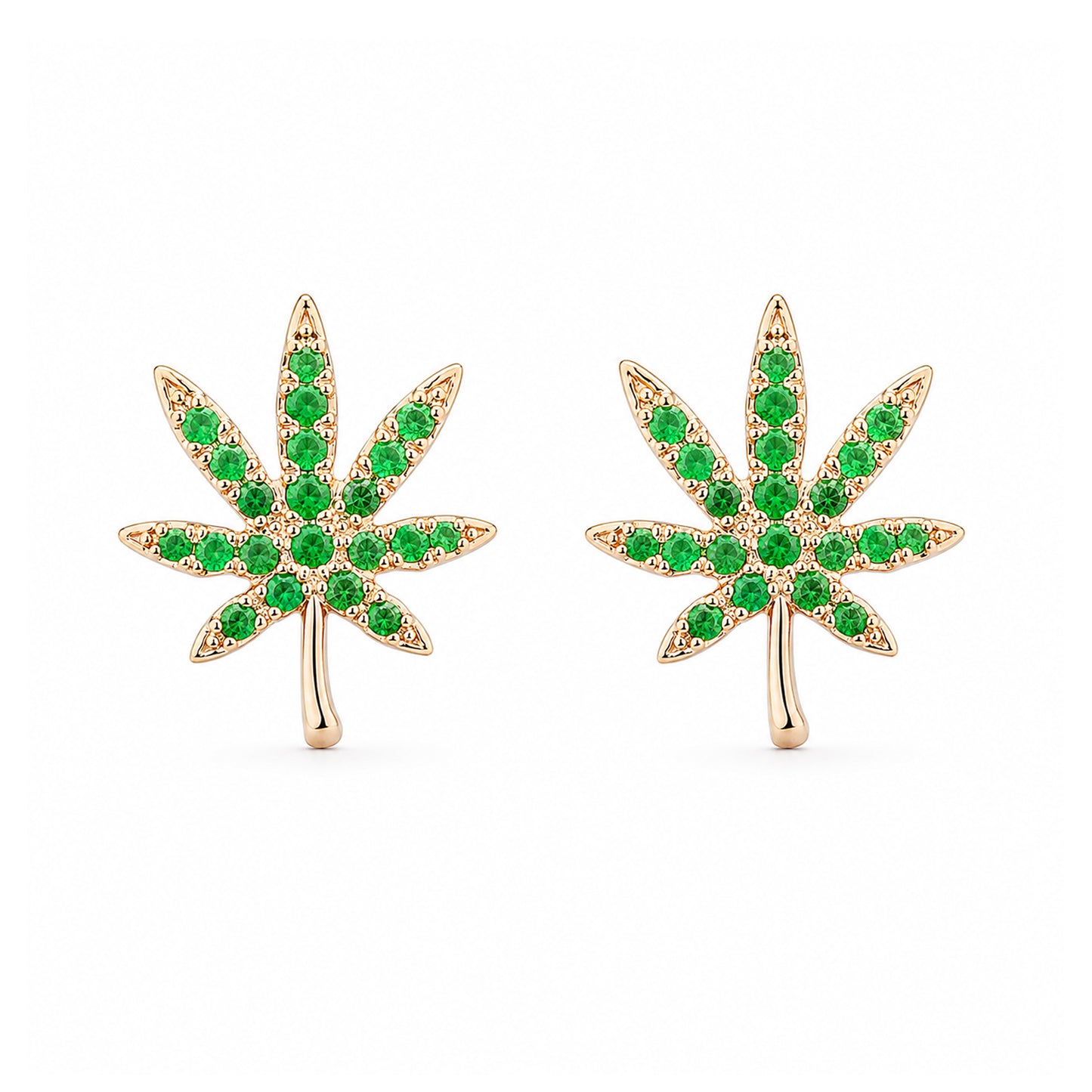 14K Gold Emerald Marijuana Leaf Stud Earrings, Medium Size