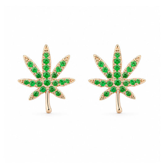 14K Gold Emerald Marijuana Leaf Stud Earrings, Medium Size