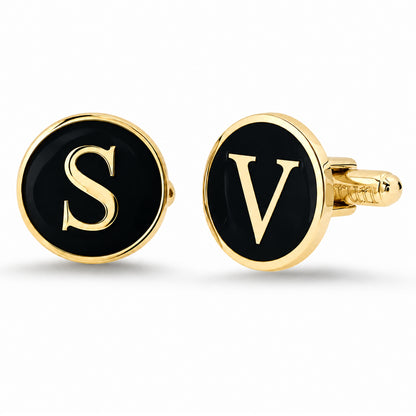14K Gold Initial Letter Enamel Coin Cufflinks, Classic Font