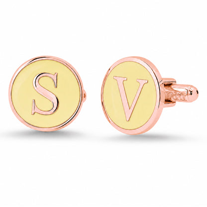 14K Gold Initial Letter Enamel Coin Cufflinks, Classic Font