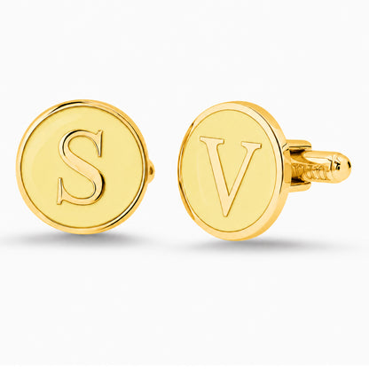 14K Gold Initial Letter Enamel Coin Cufflinks, Classic Font