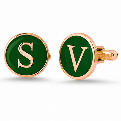 14K Gold Initial Letter Enamel Coin Cufflinks, Classic Font