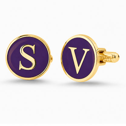 14K Gold Initial Letter Enamel Coin Cufflinks, Classic Font