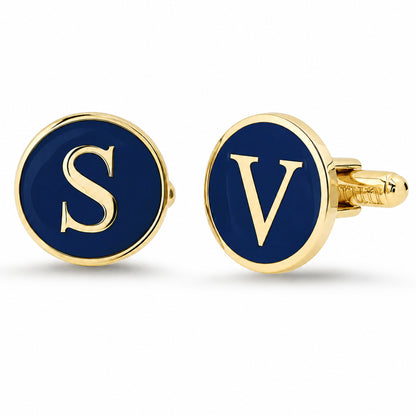 14K Gold Initial Letter Enamel Coin Cufflinks, Classic Font