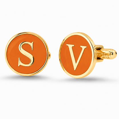 14K Gold Initial Letter Enamel Coin Cufflinks, Classic Font