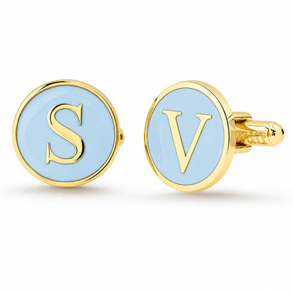 14K Gold Initial Letter Enamel Coin Cufflinks, Classic Font