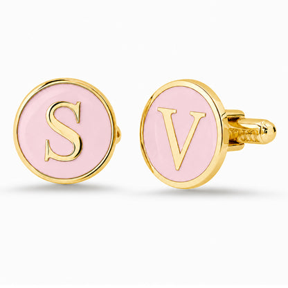 14K Gold Initial Letter Enamel Coin Cufflinks, Classic Font