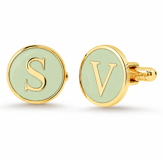 14K Gold Initial Letter Enamel Coin Cufflinks, Classic Font