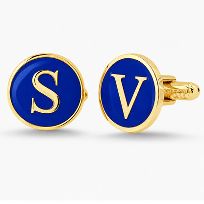 14K Gold Initial Letter Enamel Coin Cufflinks, Classic Font