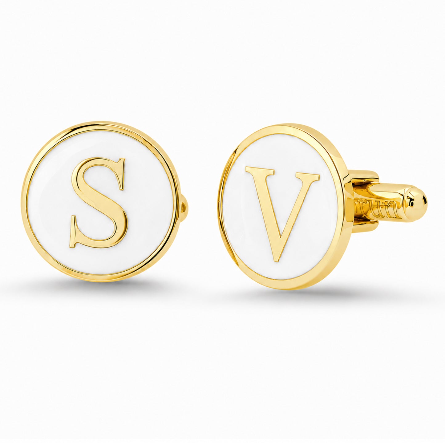 14K Gold Initial Letter Enamel Coin Cufflinks, Classic Font