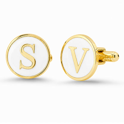 14K Gold Initial Letter Enamel Coin Cufflinks, Classic Font