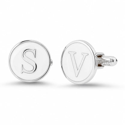 Sterling Silver Initial Letter Enamel Coin Cufflinks, Classic Font