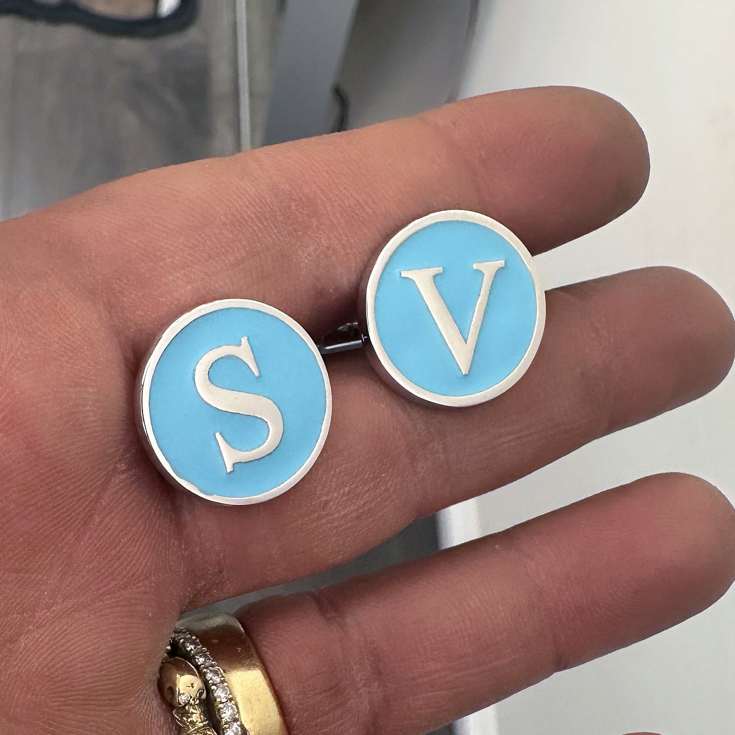 Sterling Silver Initial Letter Enamel Coin Cufflinks, Classic Font