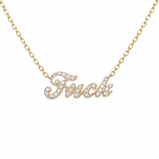 14K Gold Pavé Diamond 'Fuck' Charm Pendant Necklace ~ Script Font