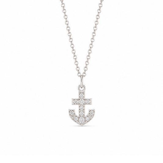 14K Gold Pavé Diamond Anchor Necklace, XS Size