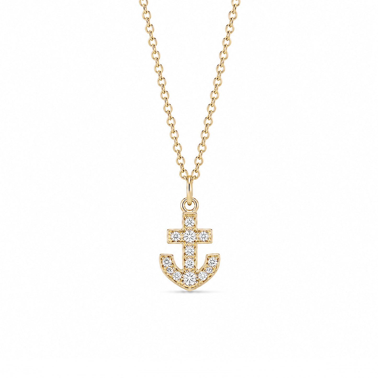 14K Gold Pavé Diamond Anchor Necklace, XS Size