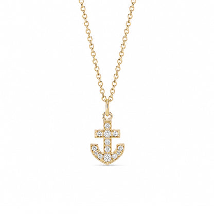 14K Gold Pavé Diamond Anchor Necklace, XS Size