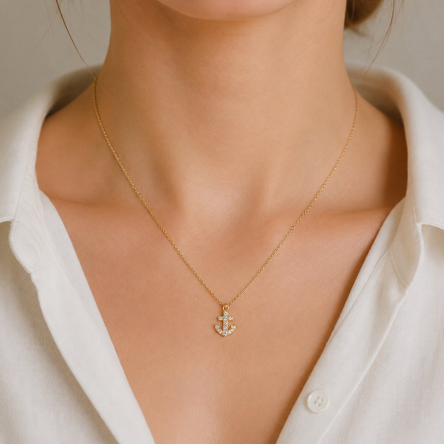 14K Gold Pavé Diamond Anchor Necklace, XS Size