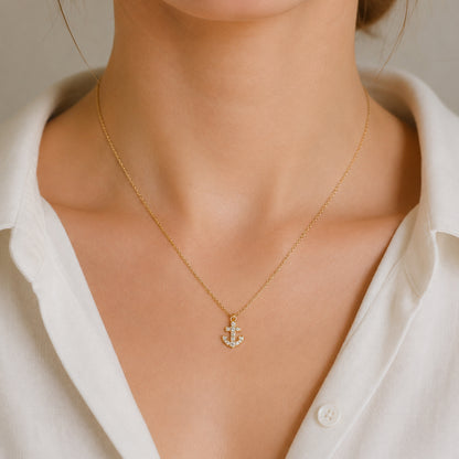 14K Gold Pavé Diamond Anchor Necklace, XS Size