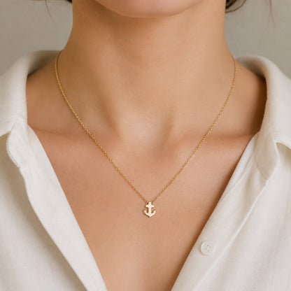 14K Gold Anchor Necklace, XS Size