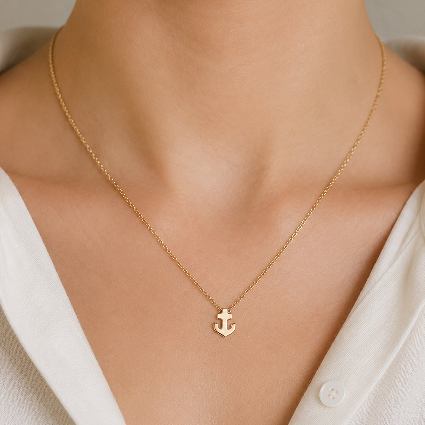 14K Gold Anchor Necklace, XS Size