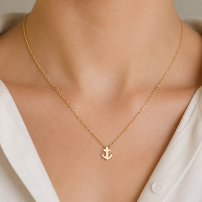 14K Gold Anchor Necklace, XS Size