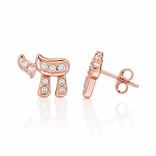 14K Gold Pavé Diamond Hebrew Chai Stud Earrings