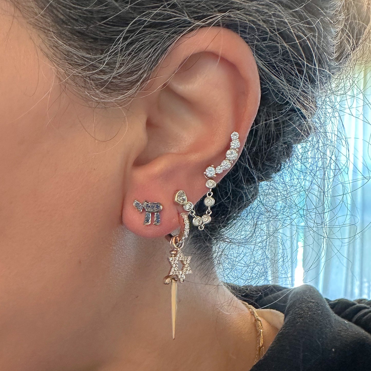 14K Gold Pavé Sapphire Hebrew Chai Stud Earrings