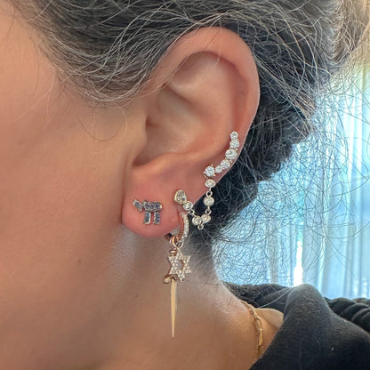 14K Gold Pavé Sapphire Hebrew Chai Stud Earrings