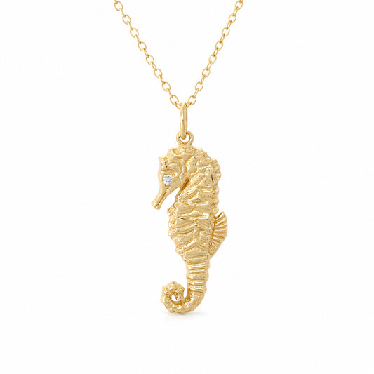 14K Gold Seahorse Pendant Necklace with Diamond Eye, Large Size