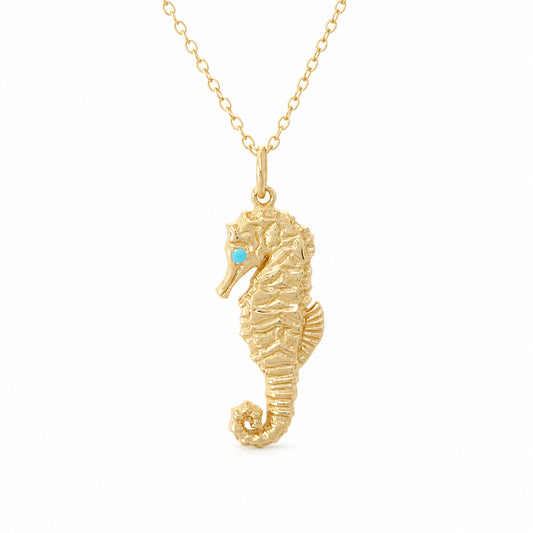 14K Gold Seahorse Pendant Necklace with Turquoise Eye, Large Size