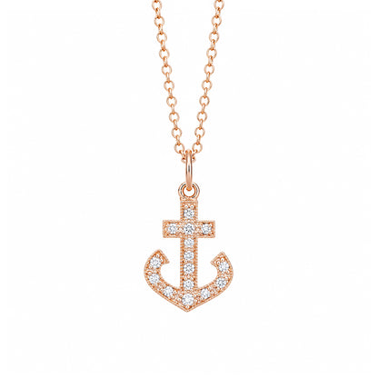14K Gold Pavé Diamond Anchor Necklace, Large Size