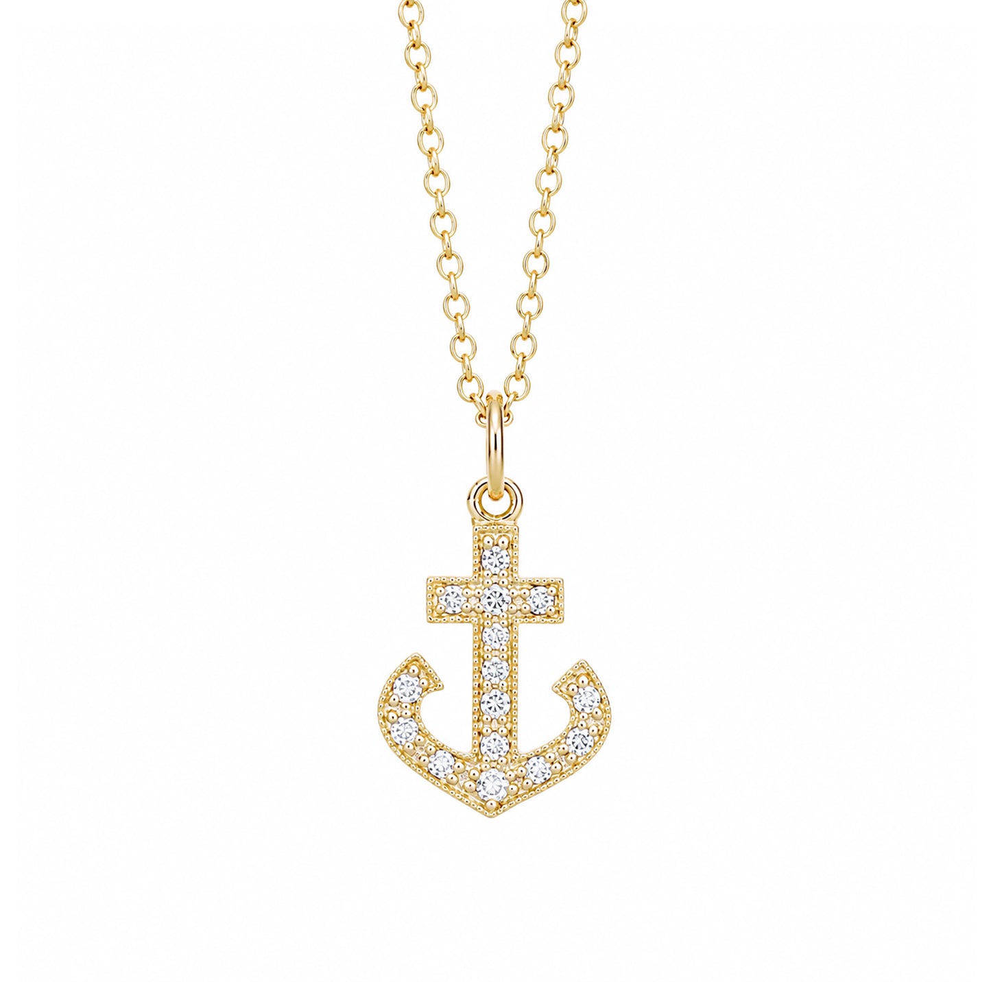 14K Gold Pavé Diamond Anchor Necklace, Large Size
