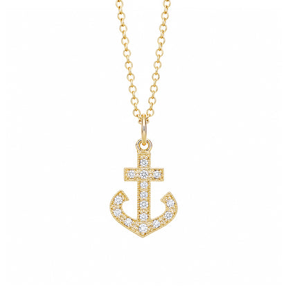 14K Gold Pavé Diamond Anchor Necklace, Large Size