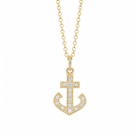14K Gold Pavé Diamond Anchor Necklace, Large Size