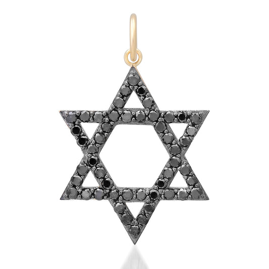 14K Gold Black Diamond Star of David Charm Pendant, Large Size