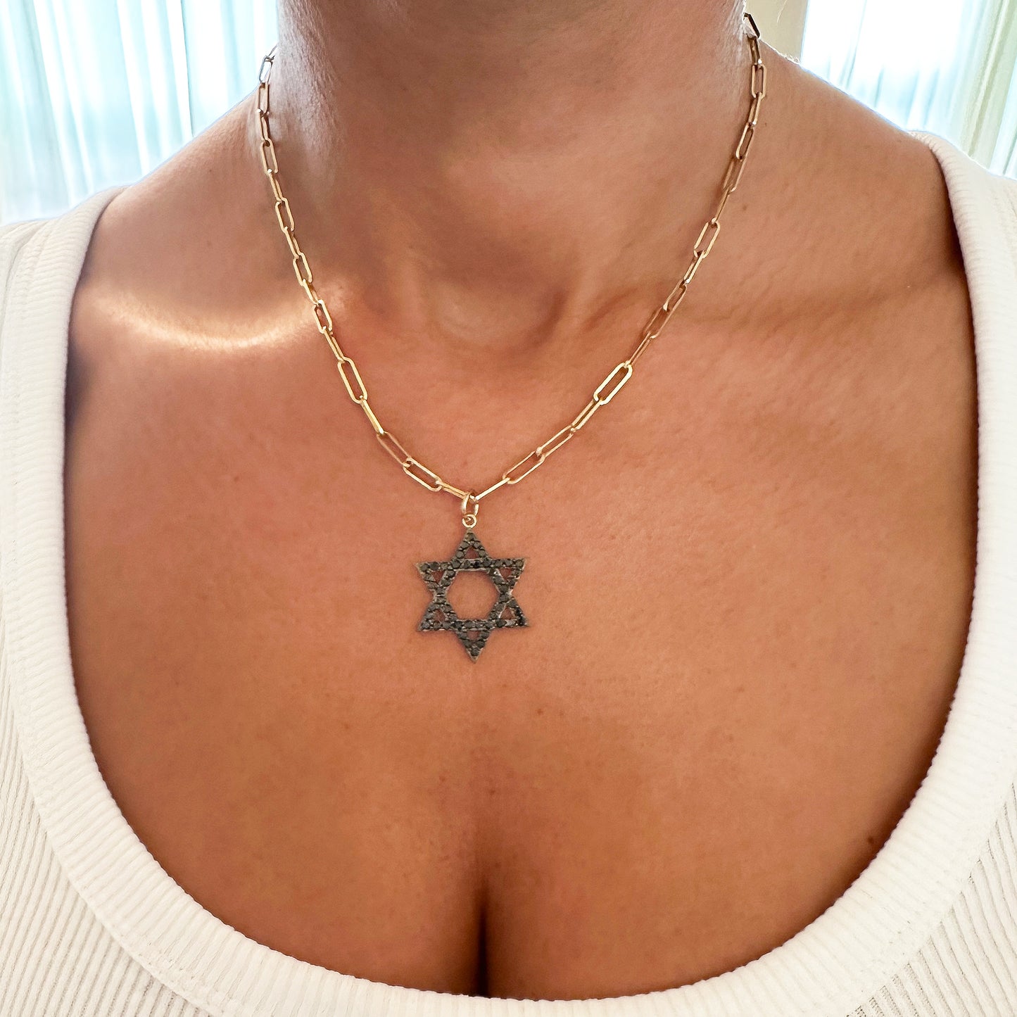 14K Gold Black Diamond Star of David Charm Pendant, Large Size